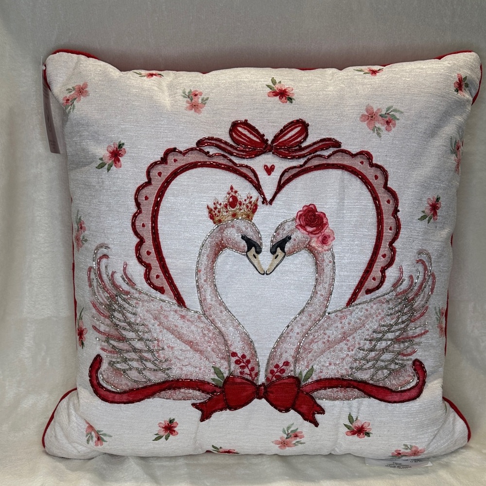 Elegant Swan Embroidered Pillow - White and Red